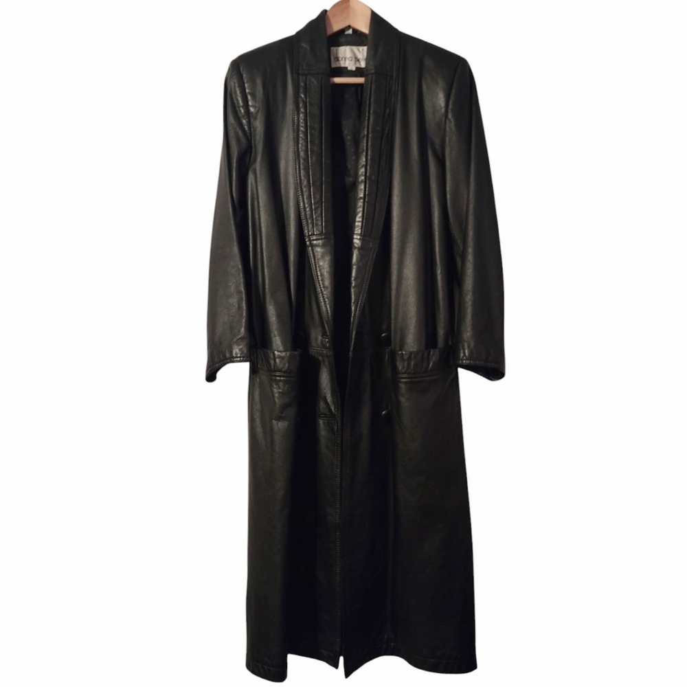 Vintage 80s 100% Leather Long Line Buttoned Black Trench Coat Donna Pelle Small
